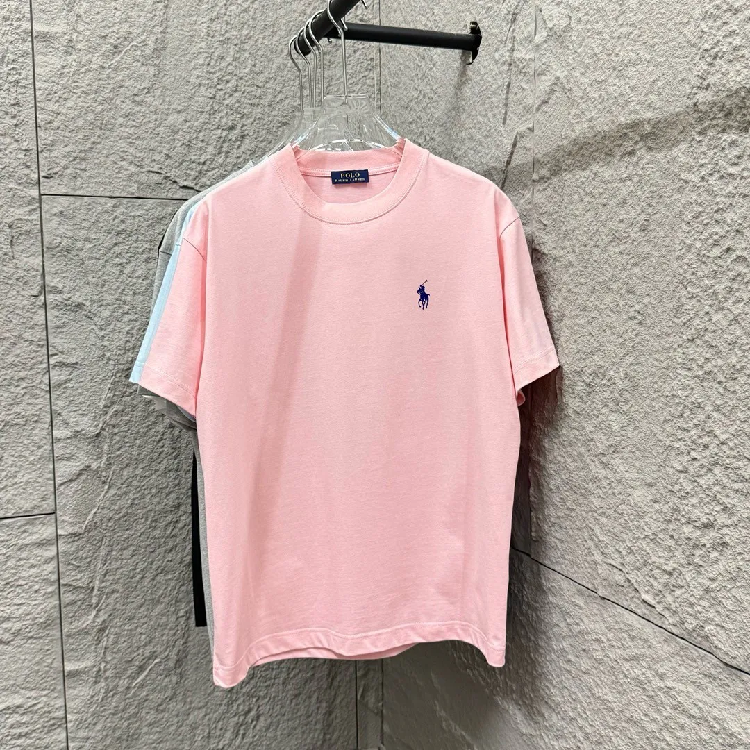 P150 Polo* Ralph Lauren 2025 spring and summer new style Classic pony embroidery Customized double yarn plain cotton fabric Short-sleeved T-shirt Uniform for men and women Color: black white light pink light blue Size: S (90-130 pounds) M (120-150 pounds) L (140-165 pounds) XL (160-180 pounds) XXL (180-210 pounds)